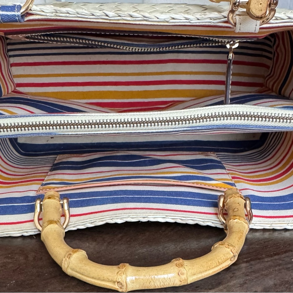Frances Valentine Bamboo Handle Woven Tote Bag – Striped Interior - Picture 12 of 12